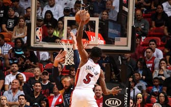 MIAMI, FL - OCTOBER 23: Derrick Jones Jr. #5 of the Miami Heat dunks the ball against the Memphis Grizzlies on October 23, 2019 at American Airlines Arena in Miami, Florida. NOTE TO USER: User expressly acknowledges and agrees that, by downloading and or using this Photograph, user is consenting to the terms and conditions of the Getty Images License Agreement. Mandatory Copyright Notice: Copyright 2019 NBAE (Photo by Oscar Baldizon/NBAE via Getty Images)
