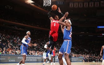 NEW YORK, NY - MARCH 2: Russell Westbrook #0 of the Houston Rockets dunks the ball against the New York Knicks on March 2, 2020 at Madison Square Garden in New York City, New York.  NOTE TO USER: User expressly acknowledges and agrees that, by downloading and or using this photograph, User is consenting to the terms and conditions of the Getty Images License Agreement. Mandatory Copyright Notice: Copyright 2020 NBAE  (Photo by Nathaniel S. Butler/NBAE via Getty Images)