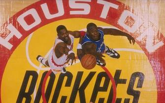 14 Jun 1995:  Center Hakeem Olajuwon of the Houston Rockets and Orlando Magic center Shaquille O''Neal go up for the ball during a Finals game at The Summit in Houston, Texas. Mandatory Credit: ALLSPORT USA  /Allsport Mandatory Credit: ALLSPORT USA  /Allsp
