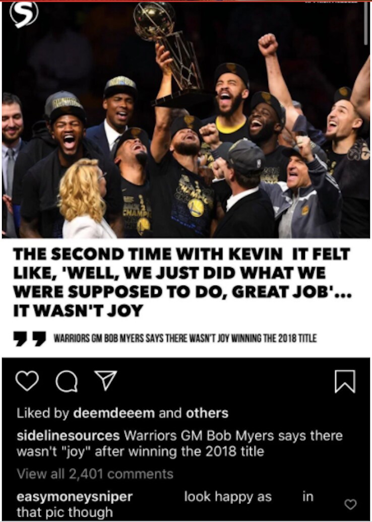 Il post Instagram della pagina "Sideline Sources" e il commento di Kevin Durant