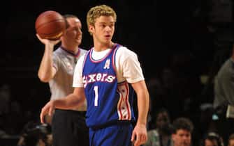 Justin Timberlake of N'Sync at the "NBA All-Star Saturday Night" at the First Union Center in Philadelphia, Pa.  2/9/02  Photo by Scott Gries/NBAE/Getty Images