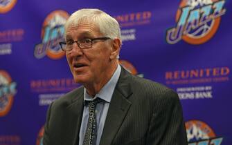 SALT LAKE CITY, UT - MARCH 22:  Former Utah Jazz, Jerry Sloan talks to the media during a press conference before the New York Knicks game against the Utah Jazz on March 22, 2017 at vivint.SmartHome Arena in Salt Lake City, Utah. NOTE TO USER: User expressly acknowledges and agrees that, by downloading and or using this Photograph, User is consenting to the terms and conditions of the Getty Images License Agreement. Mandatory Copyright Notice: Copyright 2017 NBAE (Photo by Melissa Majchrzak/NBAE via Getty Images)