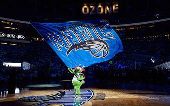 ORLANDO, FL - OCTOBER 26:  The Orlando Magic mascot performs before the game against the Miami Heat on October 26, 2016 at Amway Center in Orlando, Florida. NOTE TO USER: User expressly acknowledges and agrees that, by downloading and or using this photograph, User is consenting to the terms and conditions of the Getty Images License Agreement. Mandatory Copyright Notice: Copyright 2016 NBAE (Photo by Fernando Medina/NBAE via Getty Images)