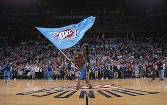 OKLAHOMA CITY, OK - MARCH 27: Oklahoma City Thunder mascot waves flag during the game against the Indiana Pacers on March 27, 2019 at the Chesapeake Energy Arena in Boston, Massachusetts.  NOTE TO USER: User expressly acknowledges and agrees that, by downloading and or using this photograph, User is consenting to the terms and conditions of the Getty Images License Agreement. Mandatory Copyright Notice: Copyright 2019 NBAE (Photo by Zach Beeker/NBAE via Getty Images)