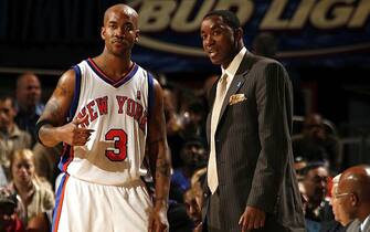 NEW YORK - OCTOBER 17:  Stephon Marbury #3 of the New York Knicks talks to Coach Isiah Thomas on October 17, 2006 at Madison Square Garden in New York City.  NOTE TO USER: User expressly acknowledges and agrees that, by downloading and or using this photograph, User is consenting to the terms and conditions of the Getty Images License Agreement. Mandatory Copyright Notice: Copyright 2006 NBAE  (Photo by Nathaniel S. Butler/NBAE via Getty Images)