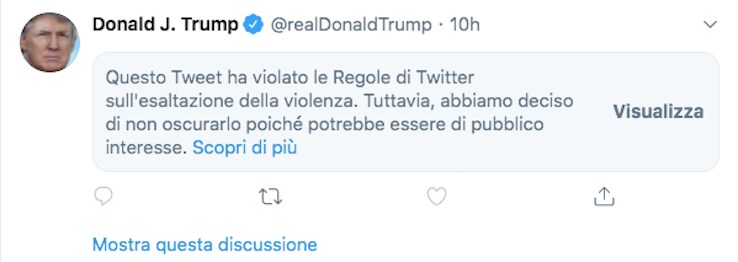 Il messaggio che appare sul profilo personale di Donald Trump in corrispondenza del messaggio riguardo le proteste a seguito della morte di George Floyd, riportato di sotto