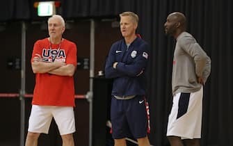 SYDNEY, AUSTRALIA - AUGUST 24: Head Coach Gregg Popovich and Assistant Coaches Steve Kerr and Lloyd Pierce look on during the 2019 USA Basketball Men's National Team Training Camp at Qudos Bank Arena on August 24, 2019 in Sydney, Australia. NOTE TO USER: User expressly acknowledges and agrees that, by downloading and/or using this photograph, user is consenting to the terms and conditions of the Getty Images License Agreement. Mandatory Copyright Notice: Copyright 2019 NBAE (Photo by Nathaniel S. Butler/NBAE via Getty Images)