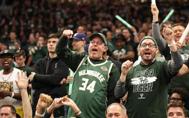 MILWAUKEE, WI - MAY 17: Milwaukee Bucks fans react during a game between the Toronto Raptors and the Milwaukee Bucks during Game Two of the Eastern Conference Finals on May 17, 2019 at the Fiserv Forum in Milwaukee, Wisconsin. NOTE TO USER: User expressly acknowledges and agrees that, by downloading and/or using this photograph, user is consenting to the terms and conditions of the Getty Images License Agreement. Mandatory Copyright Notice: Copyright 2019 NBAE (Photo by Mike Roemer/NBAE via Getty Images)