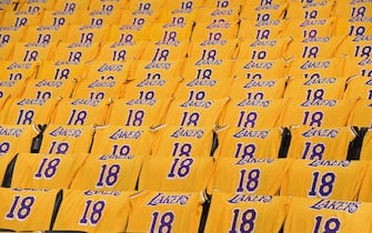 1135044447 LOS ANGELES, CA - APRIL 4: T shirts are placed on fans chairs prior to the game between the Golden State Warriors and Los Angeles Lakers on April 4, 2019 at STAPLES Center in Los Angeles, California. NOTE TO USER: User expressly acknowledges and agrees that, by downloading and/or using this Photograph, user is consenting to the terms and conditions of the Getty Images License Agreement. Mandatory Copyright Notice: Copyright 2019 NBAE (Photo by Andrew D. Bernstein/NBAE via Getty Images)
