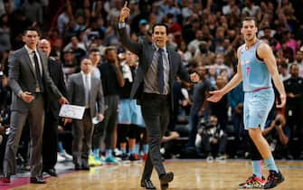 MIAMI, FLORIDA - DECEMBER 28:  Head coach Erik Spoelstra of the Miami Heat asks for a challenge against the Philadelphia 76ers during the second half at American Airlines Arena on December 28, 2019 in Miami, Florida. NOTE TO USER: User expressly acknowledges and agrees that, by downloading and/or using this photograph, user is consenting to the terms and conditions of the Getty Images License Agreement. (Photo by Michael Reaves/Getty Images)