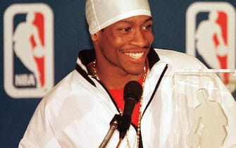 PHILADELPHIA, :  Philadelphia 76ers guard Allen Iverson answers a reporter's question during a press conference after he was named the National Basketball Association's Rookie of the Year 01 May. Iverson is the first Philadelphia 76ers player to win the award. (Photo credit should read TOM MIHALEK/AFP via Getty Images)