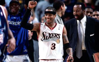 15 Jan 2002:  Allen Iverson #3 of the Philadelphia 76ers cheers on teammates from the bench against the Houston Rockets during the NBA game at the First Union Center in Philadelphia, Pennsylvania. NOTE TO USER: User expressly acknowledges and agrees that, by downloading and/or using this Photograph, User is consenting to the terms and conditions of the Getty Images License Agreement.  Mandatory copyright notice and Credit:  Copyright 2002 NBAE   Mandatory Credit: Jesse D. Garrabrant/NBAE/Getty Images