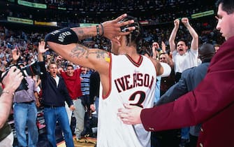 1146848656 PHILADELPHIA, PA - MAY 20: Allen Iverson #3 of the Philadelphia 76ers celebrates with the crowd after the game against the Toronto Raptors in Game Seven of the Eastern Conference Semifinals of the 2001 NBA Playoffs on May 20, 2001 at the First Union Center in Philadelphia, Pennsylvania. NOTE TO USER: User expressly acknowledges and agrees that, by downloading and or using this photograph, user is consenting to the terms and conditions of the Getty Images License Agreement. Mandatory Copyright Notice: Copyright 2001 NBAE (Photo by Jesse D. Garrabrant/NBAE via Getty Images)