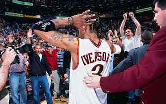 PHILADELPHIA, PA - MAY 20: Allen Iverson #3 of the Philadelphia 76ers celebrates with the crowd after the game against the Toronto Raptors in Game Seven of the Eastern Conference Semifinals of the 2001 NBA Playoffs on May 20, 2001 at the First Union Center in Philadelphia, Pennsylvania. NOTE TO USER: User expressly acknowledges and agrees that, by downloading and or using this photograph, user is consenting to the terms and conditions of the Getty Images License Agreement. Mandatory Copyright Notice: Copyright 2001 NBAE (Photo by Jesse D. Garrabrant/NBAE via Getty Images)