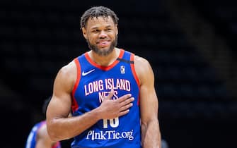 UNIONDALE, NY - FEBRUARY 27: Justin Anderson #10 of the Long Island Nets reacts during an NBA G-League game against the Erie Bayhawks on February 27, 2020 at NYCB Live! Home of the Nassau Veterans Memorial Coliseum in Uniondale, New York. NOTE TO USER: User expressly acknowledges and agrees that, by downloading and or using this photograph, User is consenting to the terms and conditions of the Getty Images License Agreement. Mandatory Copyright Notice: Copyright 2020 NBAE (Photo by Michelle Farsi/NBAE via Getty Images)