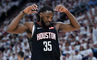 SALT LAKE CITY, UT - APRIL 22: Kenneth Faried #35 of the Houston Rockets gestures on the court in Game Four during the first round of the 2019 NBA Western Conference Playoffs against the Utah Jazz at Vivint Smart Home Arena on April 22, 2019 in Salt Lake City, Utah. NOTE TO USER: User expressly acknowledges and agrees that, by downloading and or using this photograph, User is consenting to the terms and conditions of the Getty Images License Agreement. (Photo by Gene Sweeney Jr./Getty Images)