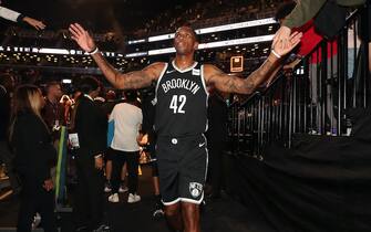 BROOKLYN, NY - OCTOBER 4: Lance Thomas #42 of the Brooklyn Nets high fives fans after the game against Franca on October 4, 2019 at Barclays Center in Brooklyn, New York. NOTE TO USER: User expressly acknowledges and agrees that, by downloading and or using this Photograph, user is consenting to the terms and conditions of the Getty Images License Agreement. Mandatory Copyright Notice: Copyright 2019 NBAE (Photo by Nathaniel S. Butler/NBAE via Getty Images)