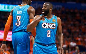 OKLAHOMA CITY, OKLAHOMA - APRIL 19: Raymond Felton #2 of the Oklahoma City Thunder reacts after a call against the Portland Trail Blazers during game three of the Western Conference quarterfinals at Chesapeake Energy Arena on April 19, 2019 in Oklahoma City, Oklahoma. NOTE TO USER: User expressly acknowledges and agrees that, by downloading and or using this photograph, User is consenting to the terms and conditions of the Getty Images License Agreement.  (Photo by Cooper Neill/Getty Images) *** Local Caption *** Raymond Felton