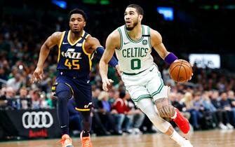 BOSTON, MASSACHUSETTS - MARCH 06: Jayson Tatum #0 of the Boston Celtics brings the ball up court during the first quarter of the game against the Utah Jazz at TD Garden on March 06, 2020 in Boston, Massachusetts. NOTE TO USER: User expressly acknowledges and agrees that, by downloading and or using this photograph, User is consenting to the terms and conditions of the Getty Images License Agreement. (Photo by Omar Rawlings/Getty Images)