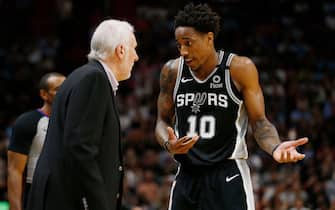 MIAMI, FLORIDA - JANUARY 15:  Head coach Gregg Popovich of the San Antonio Spurs argues with DeMar DeRozan #10 against the Miami Heat during the second half at American Airlines Arena on January 15, 2020 in Miami, Florida. NOTE TO USER: User expressly acknowledges and agrees that, by downloading and/or using this photograph, user is consenting to the terms and conditions of the Getty Images License Agreement. (Photo by Michael Reaves/Getty Images)