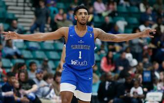 FRISCO, TX - FEBRUARY 01:  Cameron Payne #1 of the Texas Legends celebrates scoring a three point basket during the third quarter against the Austin Spurs on February 01, 2020 at Comerica Center in Frisco, Texas. NOTE TO USER: User expressly acknowledges and agrees that, by downloading and or using this photograph, User is consenting to the terms and conditions of the Getty Images License Agreement. Mandatory Copyright Notice: Copyright 2020 NBAE (Photo by Tim Heitman/NBAE via Getty Images)