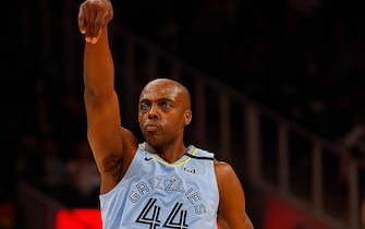 ATLANTA, GEORGIA - MARCH 02:  Anthony Tolliver #44 reacts after hitting a three-point basket against the Atlanta Hawks in the second half at State Farm Arena on March 02, 2020 in Atlanta, Georgia.  NOTE TO USER: User expressly acknowledges and agrees that, by downloading and/or using this photograph, user is consenting to the terms and conditions of the Getty Images License Agreement.  (Photo by Kevin C. Cox/Getty Images)