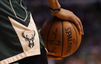 BOSTON, MA - APRIL 28: A detail of Giannis Antetokounmpo #34 of the Milwaukee Bucks' hands during the first quarter of Game Seven in Round One of the 2018 NBA Playoffs at TD Garden on April 28, 2018 in Boston, Massachusetts. (Photo by Maddie Meyer/Getty Images)