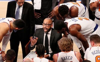 NEW YORK, NY - OCTOBER 20: Head coach David Fizdale of the New York Knicks talks with his team during a timeout in an NBA basketball game against the Boston Celtics on October 20, 2018 at Madison Square Garden Center in New York City. Celtics won 103-101. NOTE TO USER: User expressly acknowledges and agrees that, by downloading and/or using this Photograph, user is consenting to the terms and conditions of the Getty License agreement. Mandatory Copyright Notice (Photo by Paul Bereswill/Getty Images)