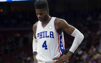 PHILADELPHIA, PA - NOVEMBER 16: Nerlens Noel #4 of the Philadelphia 76ers reacts during the game against the Dallas Mavericks on November 16, 2015 at the Wells Fargo Center in Philadelphia, Pennsylvania. The Mavericks defeated the 76ers 92-86. NOTE TO USER: User expressly acknowledges and agrees that, by downloading and or using this photograph, User is consenting to the terms and conditions of the Getty Images License Agreement. (Photo by Mitchell Leff/Getty Images) *** Local Caption *** Nerlens Noel
