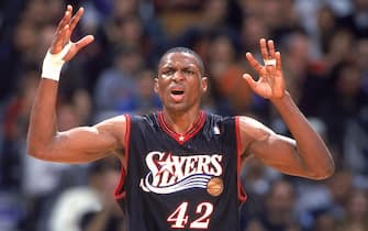 29 Jan 2001:  Theo Ratliff #42 of the Philadelphia 76ers reacts to a call during the game against the Toronto Raptors at the Air Canada Centre in Toronto, Ontario, Canada.  The Raptors defeated the 76ers 96-89.  NOTE TO USER: It is expressly understood that the only rights Allsport are offering to license in this Photograph are one-time, non-exclusive editorial rights. No advertising or commercial uses of any kind may be made of Allsport photos. User acknowledges that it is aware that Allsport is an editorial sports agency and that NO RELEASES OF ANY TYPE ARE OBTAINED from the subjects contained in the photographs.Mandatory Credit: Robert Skeoch  /Allsport