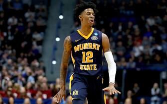 HARTFORD, CONNECTICUT - MARCH 23:  Ja Morant #12 of the Murray State Racers celebrates his three point basket against the Florida State Seminoles in the first half during the second round of the 2019 NCAA Men's Basketball Tournament at XL Center on March 23, 2019 in Hartford, Connecticut. (Photo by Maddie Meyer/Getty Images)