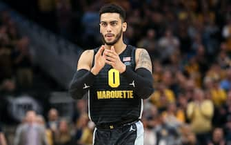 MILWAUKEE, WISCONSIN - JANUARY 04: Markus Howard #0 of the Marquette Golden Eagles reacts in the first half against the Villanova Wildcats at the Fiserv Forum on January 04, 2020 in Milwaukee, Wisconsin. (Photo by Dylan Buell/Getty Images)