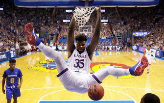 during the game at Allen Fieldhouse on November 17, 2017 in Lawrence, Kansas.