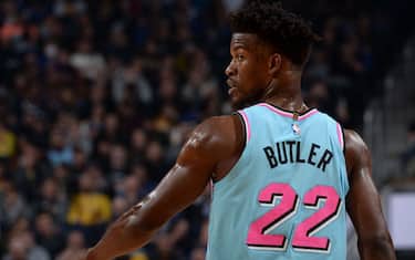 SAN FRANCISCO, CA - FEBRUARY 10: Jimmy Butler #22 of the Miami Heat looks on during the game against the Golden State Warriors on February 10, 2020 at Chase Center in San Francisco, California. NOTE TO USER: User expressly acknowledges and agrees that, by downloading and or using this photograph, user is consenting to the terms and conditions of Getty Images License Agreement. Mandatory Copyright Notice: Copyright 2020 NBAE (Photo by Noah Graham/NBAE via Getty Images)