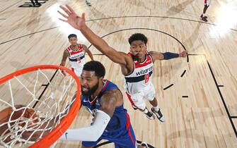 ORLANDO, FL - JULY 25: Rui Hachimura #8 of the Washington Wizards goes up for a block against Marcus Morris Sr. #31 of the LA Clippers on July 25, 2020 in Orlando, Florida at HP Field House at ESPN Wide World of Sports. NOTE TO USER: User expressly acknowledges and agrees that, by downloading and/or using this photograph, user is consenting to the terms and conditions of the Getty Images License Agreement. Mandatory Copyright Notice: Copyright 2020 NBAE (Photo by David Sherman/NBAE via Getty Images)