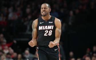 PORTLAND, OREGON - FEBRUARY 09: Andre Iguodala #28 of the Miami Heat reacts in the fourth quarter against the Portland Trail Blazers during their game at Moda Center on February 09, 2020 in Portland, Oregon. NOTE TO USER: User expressly acknowledges and agrees that, by downloading and or using this photograph, User is consenting to the terms and conditions of the Getty Images License Agreement. (Photo by Abbie Parr/Getty Images)