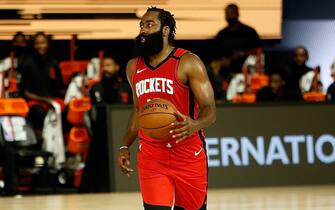 ORLANDO, FL - JULY 26: James Harden #13 of the Houston Rockets against the Memphis Grizzlies as part of the NBA Restart 2020 on July 26, 2020 at HP Field House at ESPN Wide World of Sports Complex in Orlando, Florida. NOTE TO USER: User expressly acknowledges and agrees that, by downloading and/or using this photograph, user is consenting to the terms and conditions of the Getty Images License Agreement.  Mandatory Copyright Notice: Copyright 2020 NBAE (Photo by Jim Poorten/NBAE via Getty Images)