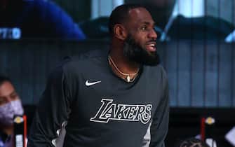 Orlando, FL - JULY 27: LeBron James #23 of the Los Angeles Lakers celebrates during a scrimmage against the Washington Wizards on July 27, 2020 at Visa Athletic Center at ESPN Wide World Of Sports Complex in Orlando, Florida. NOTE TO USER: User expressly acknowledges and agrees that, by downloading and/or using this Photograph, user is consenting to the terms and conditions of the Getty Images License Agreement. Mandatory Copyright Notice: Copyright 2020 NBAE (Photo by David Sherman/NBAE via Getty Images)