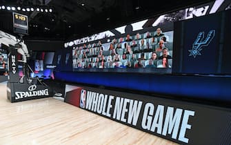 ORLANDO, FL - JULY 25: A wide angle view of the court and the fan boards before the Brooklyn Nets game against the San Antonio Spurs on July 25, 2020 in Orlando, Florida at The Arena at ESPN Wide World of Sports. NOTE TO USER: User expressly acknowledges and agrees that, by downloading and/or using this photograph, user is consenting to the terms and conditions of the Getty Images License Agreement. Mandatory Copyright Notice: Copyright 2020 NBAE (Photo by Garrett Ellwood/NBAE via Getty Images)
