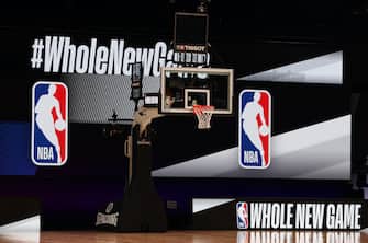 ORLANDO, FL - JULY 21: A general overall interior view of the court as part of the NBA Restart 2020 on July 21, 2020 at The Arena at ESPN Wide World of Sports in Orlando, Florida. NOTE TO USER: User expressly acknowledges and agrees that, by downloading and/or using this photograph, user is consenting to the terms and conditions of the Getty Images License Agreement.  Mandatory Copyright Notice: Copyright 2020 NBAE (Photo by David Sherman/NBAE via Getty Images)