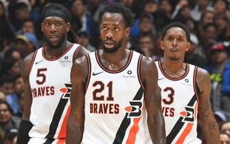 LOS ANGELES, CA - DECEMBER 3: Patrick Beverley #21, Montrezl Harrell #5 and Lou Williams #23 of the LA Clippers walk up court against the Portland Trail Blazers on December 3, 2019 at STAPLES Center in Los Angeles, California. NOTE TO USER: User expressly acknowledges and agrees that, by downloading and/or using this Photograph, user is consenting to the terms and conditions of the Getty Images License Agreement. Mandatory Copyright Notice: Copyright 2019 NBAE (Photo by Andrew D. Bernstein/NBAE via Getty Images)