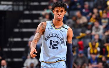 MEMPHIS, TN - JANUARY 20: Ja Morant #12 of the Memphis Grizzlies looks on during a game against the New Orleans Pelicans on January 20, 2020 at FedExForum in Memphis, Tennessee. NOTE TO USER: User expressly acknowledges and agrees that, by downloading and or using this photograph, User is consenting to the terms and conditions of the Getty Images License Agreement. Mandatory Copyright Notice: Copyright 2020 NBAE (Photo by Jesse D. Garrabrant/NBAE via Getty Images)