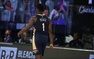 Orlando, FL - JULY 30: Zion Williamson #1 of the New Orleans Pelicans looks on during the game against the Utah Jazz on July 30, 2020 at HP Field House at ESPN Wide World of Sports in Orlando, Florida. NOTE TO USER: User expressly acknowledges and agrees that, by downloading and/or using this Photograph, user is consenting to the terms and conditions of the Getty Images License Agreement. Mandatory Copyright Notice: Copyright 2020 NBAE (Photo by David Sherman/NBAE via Getty Images)