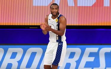 Orlando, FL - AUGUST 1: T.J. Warren #1 of the Indiana Pacers reacts during a game against the Philadelphia 76ers on August 1, 2020 at Visa Athletic Center at ESPN Wide World of Sports in Orlando, Florida. NOTE TO USER: User expressly acknowledges and agrees that, by downloading and/or using this Photograph, user is consenting to the terms and conditions of the Getty Images License Agreement. Mandatory Copyright Notice: Copyright 2020 NBAE (Photo by Jesse D. Garrabrant/NBAE via Getty Images)