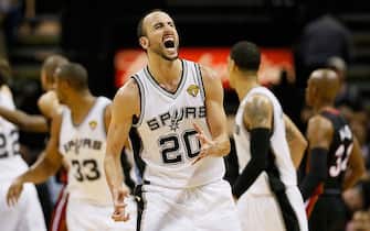 SAN ANTONIO, TX - JUNE 16:  Manu Ginobili #20 of the San Antonio Spurs reacts after making a basket in the third quarter against the Miami Heat during Game Five of the 2013 NBA Finals at the AT&T Center on June 16, 2013 in San Antonio, Texas. NOTE TO USER: User expressly acknowledges and agrees that, by downloading and or using this photograph, User is consenting to the terms and conditions of the Getty Images License Agreement.  (Photo by Kevin C. Cox/Getty Images)