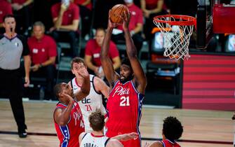 Philadelphia 76ers center Joel Embiid (21) grabs a rebound against the Washington Wizards during the first half of an NBA basketball game Wednesday, Aug. 5, 2020 in Lake Buena Vista, Fla. (AP Photo/Ashley Landis)