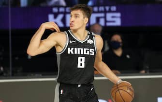 Orlando, FL - AUGUST 6: Bogdan Bogdanovic #8 of the Sacramento Kings handles the ball during the game against the New Orleans Pelicans on August 6, 2020 at The HP Field House at ESPN Wide World Of Sports Complex in Orlando, Florida. NOTE TO USER: User expressly acknowledges and agrees that, by downloading and/or using this Photograph, user is consenting to the terms and conditions of the Getty Images License Agreement. Mandatory Copyright Notice: Copyright 2020 NBAE (Photo by Joe Murphy/NBAE via Getty Images)