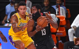 ORLANDO, FL - AUGUST 06: James Harden #13 of the Houston Rockets catches the ball around a screen against the Los Angeles Lakers on August 6, 2020 in Orlando, Florida at The Arena at ESPN Wide World of Sports. NOTE TO USER: User expressly acknowledges and agrees that, by downloading and/or using this photograph, user is consenting to the terms and conditions of the Getty Images License Agreement. Mandatory Copyright Notice: Copyright 2020 NBAE (Photo by Bill Baptist/NBAE via Getty Images)