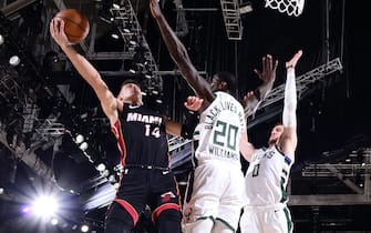 ORLANDO, FL - AUGUST 6: Tyler Herro #14 of the Miami Heat shoots the ball against the Milwaukee Bucks on August 6, 2020 at The Arena at ESPN Wide World of Sports in Orlando, Florida. NOTE TO USER: User expressly acknowledges and agrees that, by downloading and/or using this Photograph, user is consenting to the terms and conditions of the Getty Images License Agreement. Mandatory Copyright Notice: Copyright 2020 NBAE (Photo by Jesse D. Garrabrant/NBAE via Getty Images)