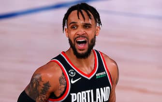 LAKE BUENA VISTA, FLORIDA - AUGUST 06: Gary Trent Jr. #2 of the Portland Trail Blazers celebrates a three point basket during the fourth quarter against the Denver Nuggets at Visa Athletic Center at ESPN Wide World Of Sports Complex on August 06, 2020 in Lake Buena Vista, Florida. NOTE TO USER: User expressly acknowledges and agrees that, by downloading and or using this photograph, User is consenting to the terms and conditions of the Getty Images License Agreement. (Photo by Kevin C. Cox/Getty Images)